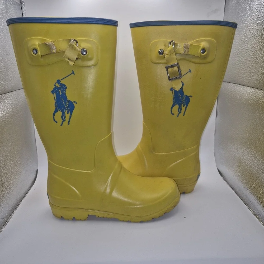 Polo Ralph Lauren Yellow Rain Boots Kids‎ Blue Pony Rubber Buckle Boots Youth